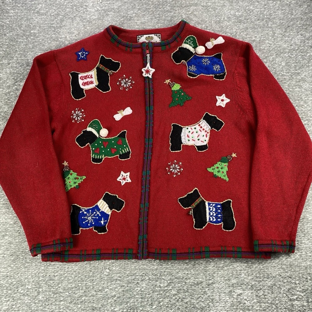 Vintage Tiara International‎ Christmas Cardigan Scotty Dog Embroidered Women's M